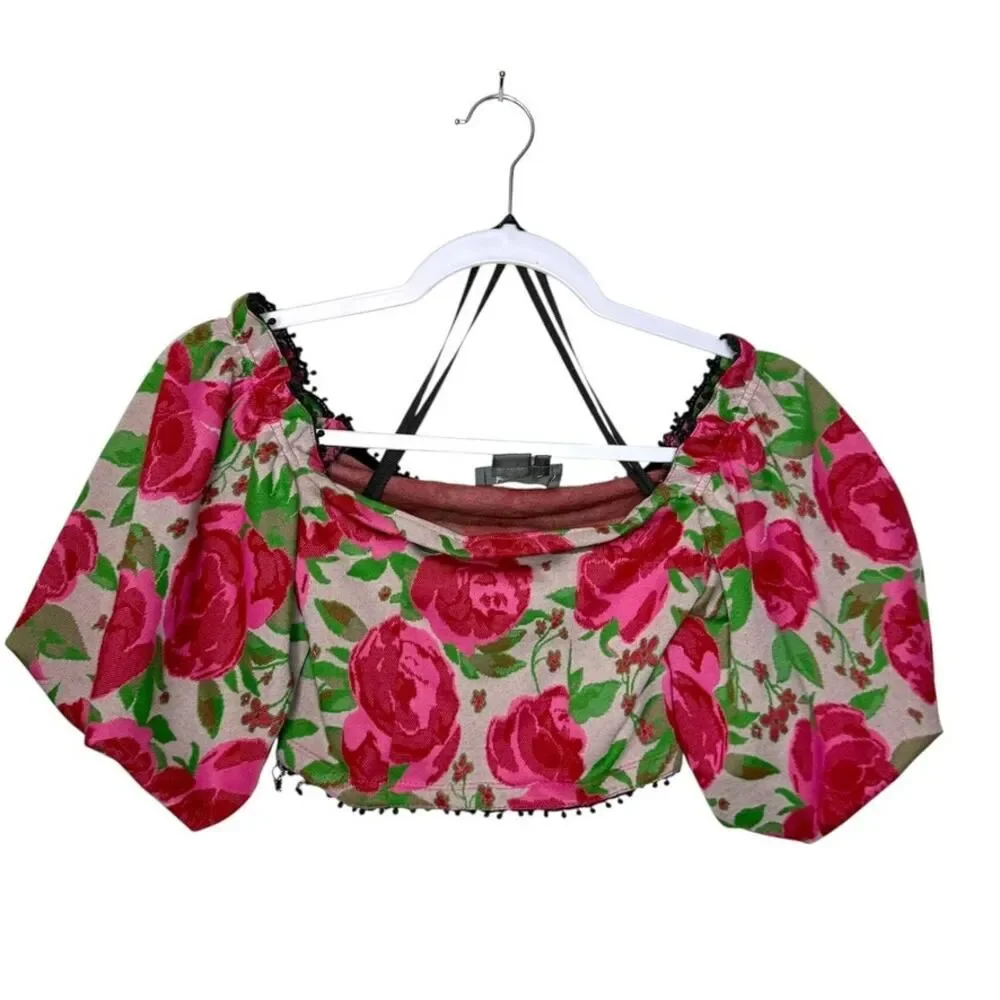 Anthropologie Frida Floral Off The Shoulder Cropped Top Women XXS Pink Roses‎